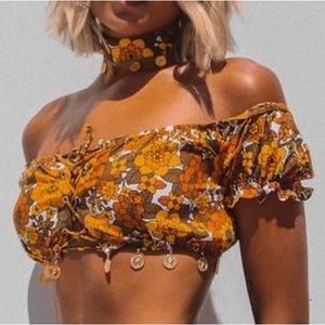 Festival Her Pony GROOVY never worn crop top. 70s vibe flowers + gold coins